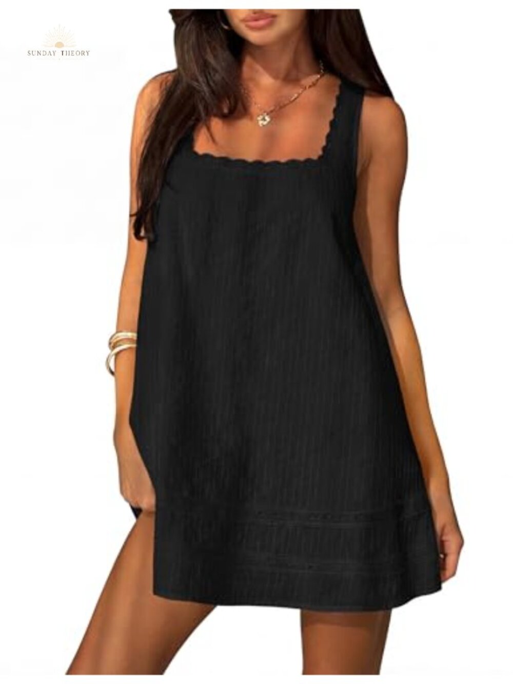 Womens 100% Cotton Square Neck Sleeveless Mini Sundress Casual Summer Dress
